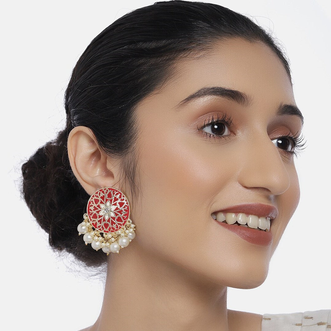 Laida Gold-Plated & Red Embellished Circular Oversized Studs