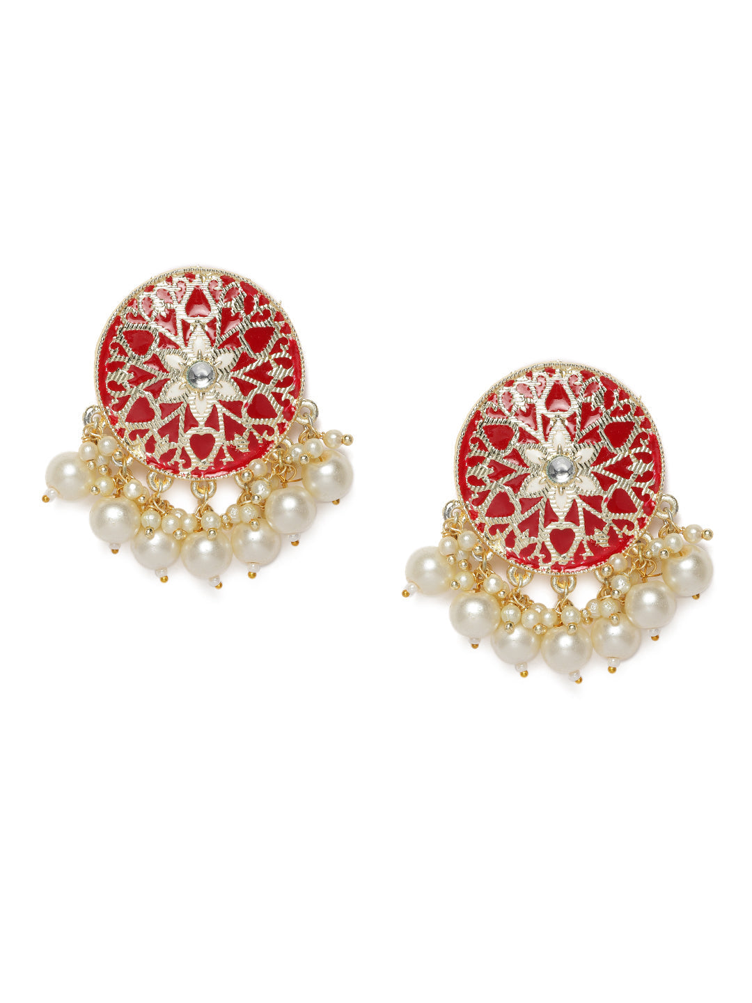 Laida Gold-Plated & Red Embellished Circular Oversized Studs