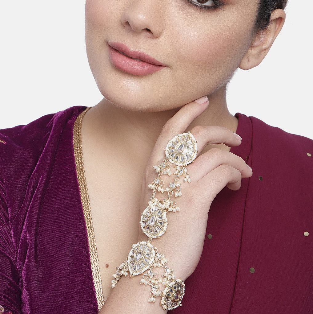 Laida Women Gold-Plated Kundan & Pearl Studded Ring Bracelet