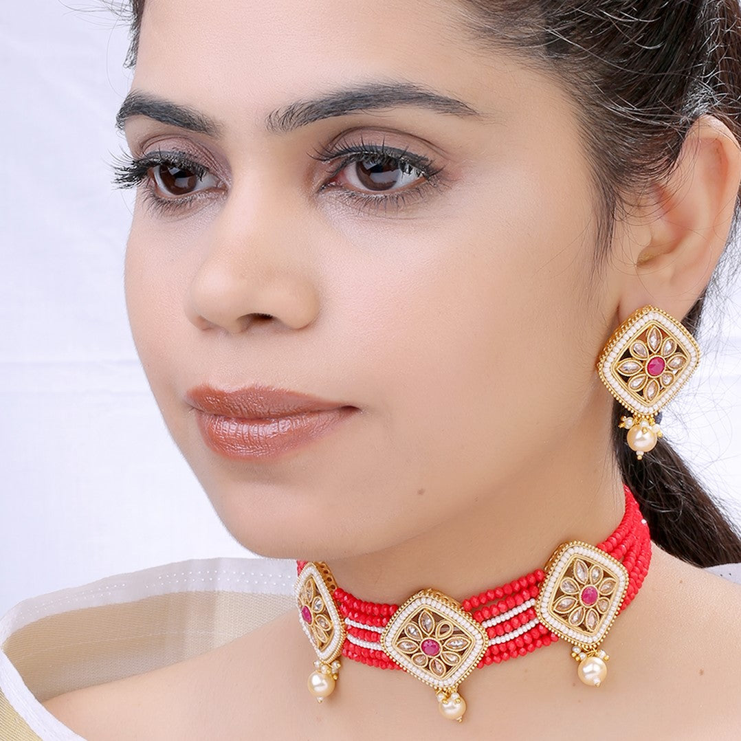 Laida Gold-Toned & Maroon Stone-Studded Jewellery Set