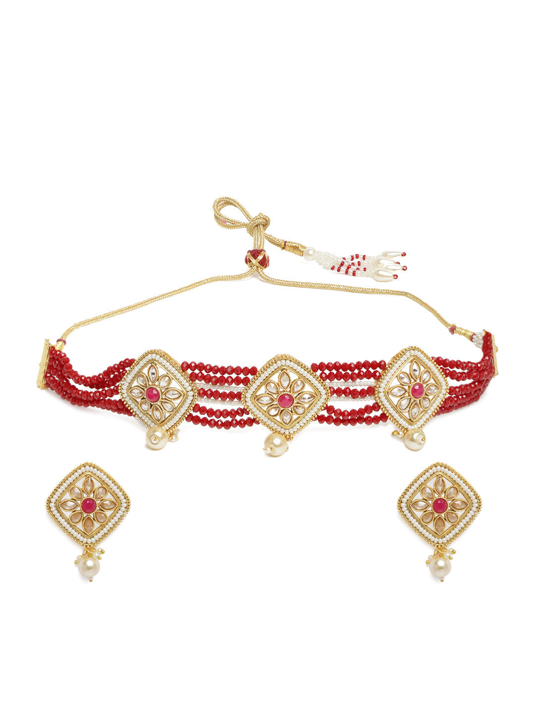 Laida Gold-Toned & Maroon Stone-Studded Jewellery Set