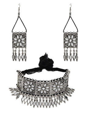 Laida Oxidized Silver-Toned Mirror Work Jewellery Set