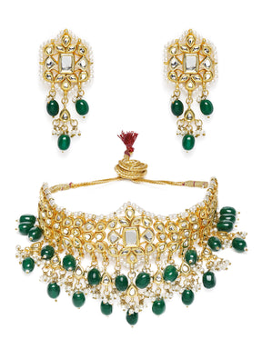 Laida Women Gold-Plated & Green Kundan Studded Jewellery Set