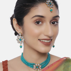 Laida Women Gold-Plated & Turquoise Blue Jewellery Set With Maangtika