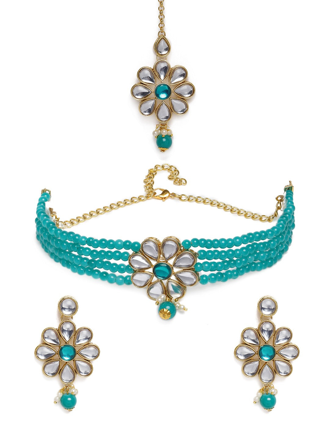 Laida Women Gold-Plated & Turquoise Blue Jewellery Set With Maangtika