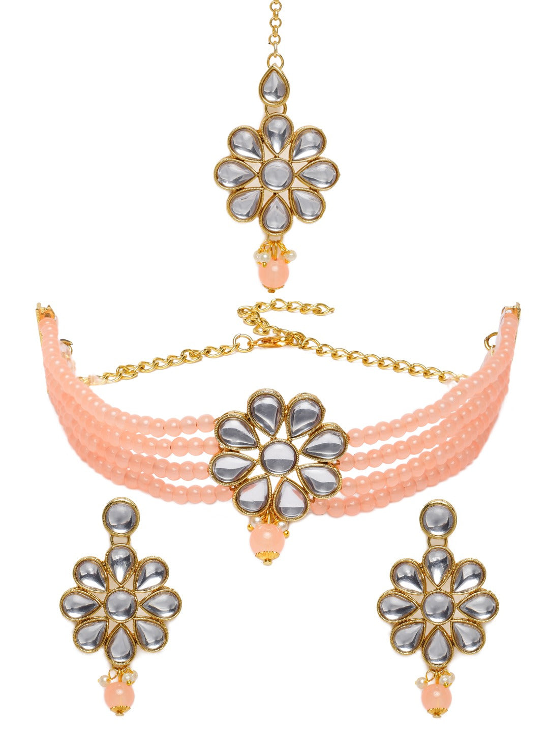 Laida Women Gold-Plated & Peach-Coloured Jewellery Set With Maangtika