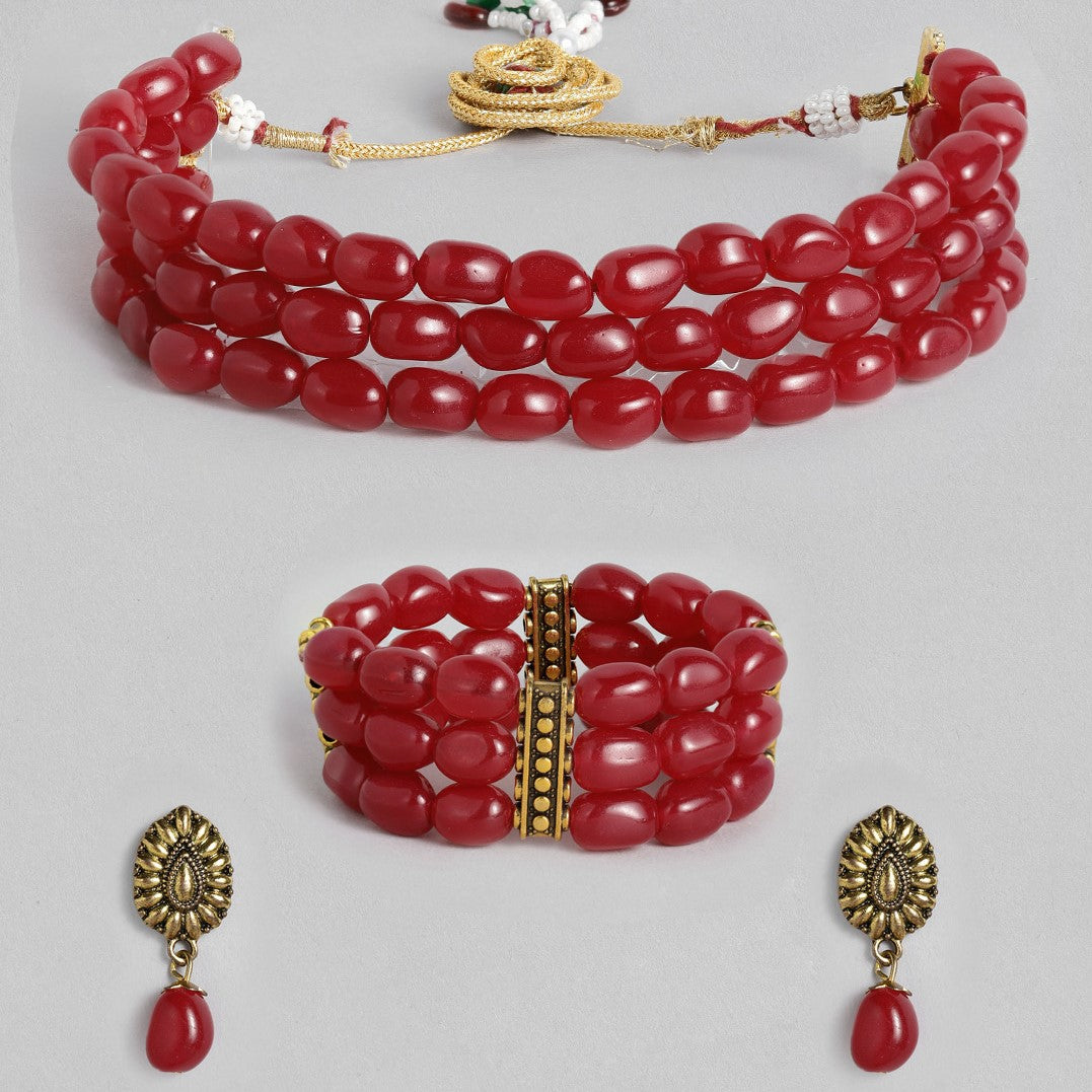 Laida Maroon Antique Gold-Plated Beaded Handcrafted Choker Jewellery Set