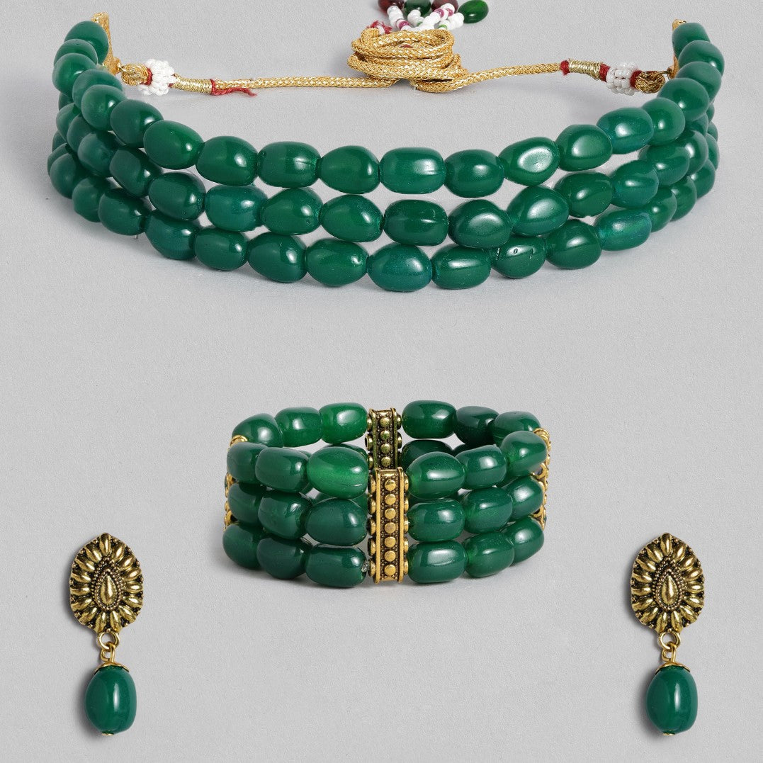 Laida Green Antique Gold-Plated Beaded Handcrafted Choker Jewellery Set
