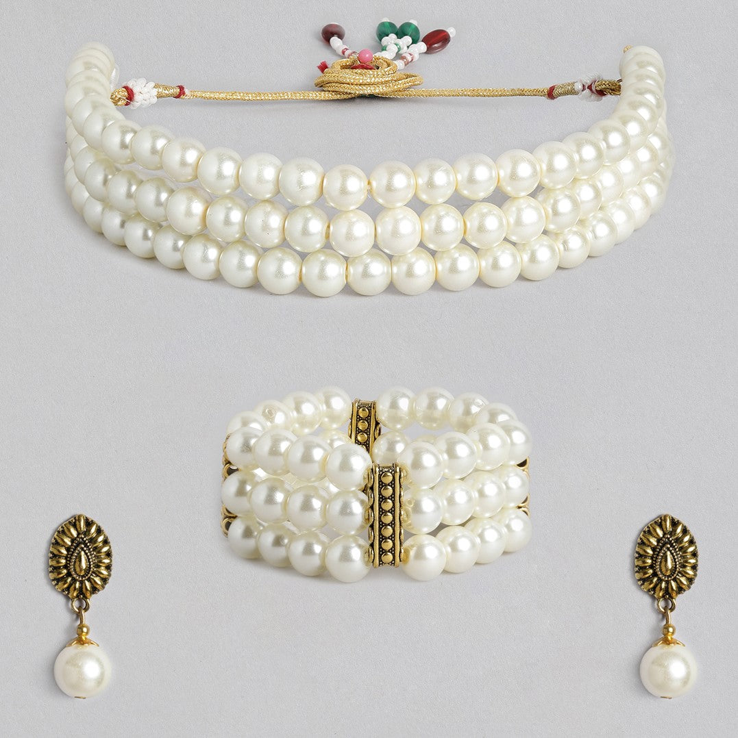 Laida Off-White Antique Gold-Plated Beaded Handcrafted Choker Jewellery Set