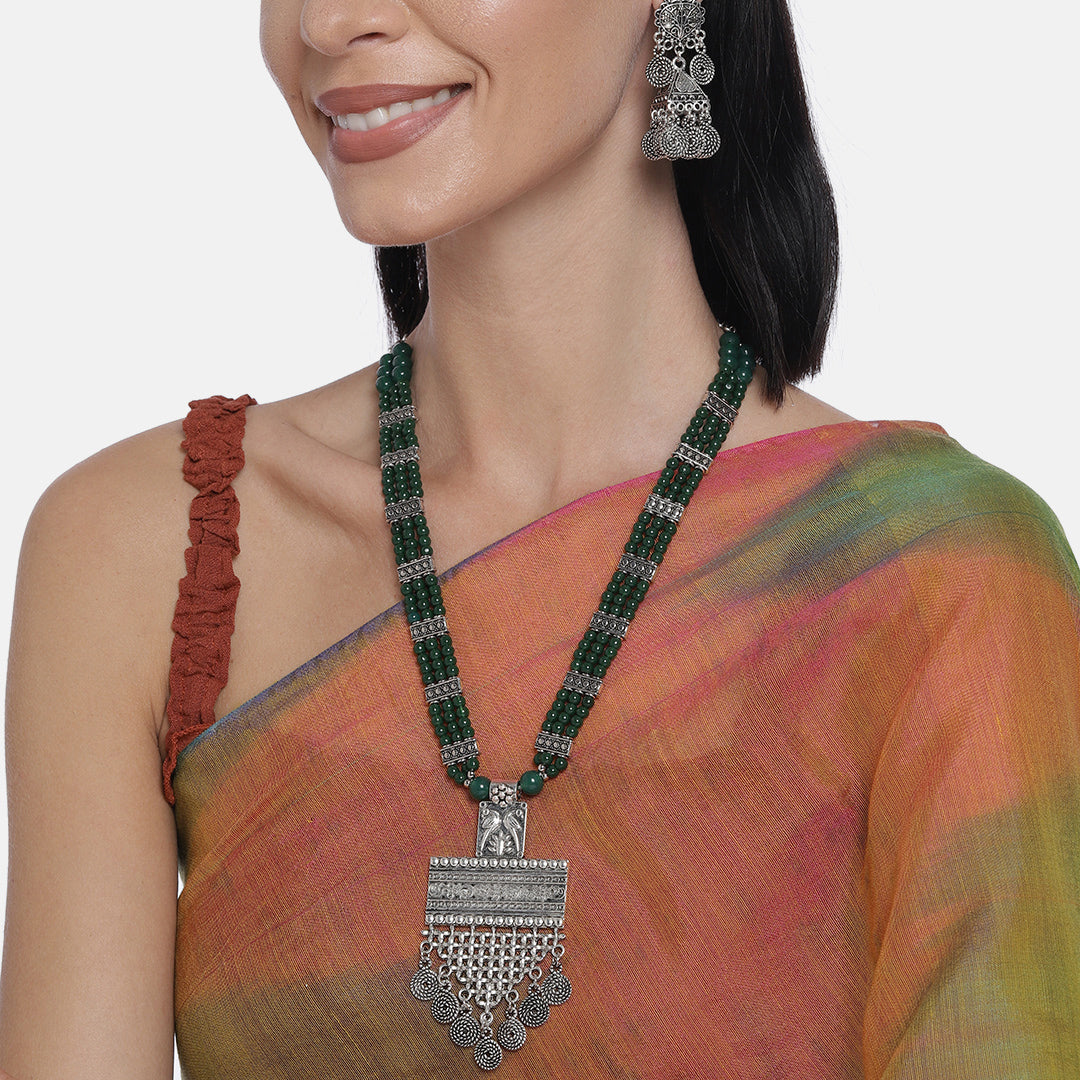 LAIDA Green Silver-Plated Oxidized Handcrafted Jewellery Set