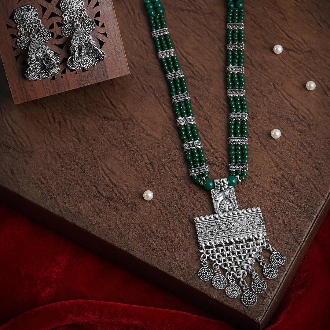 LAIDA Green Silver-Plated Oxidized Handcrafted Jewellery Set