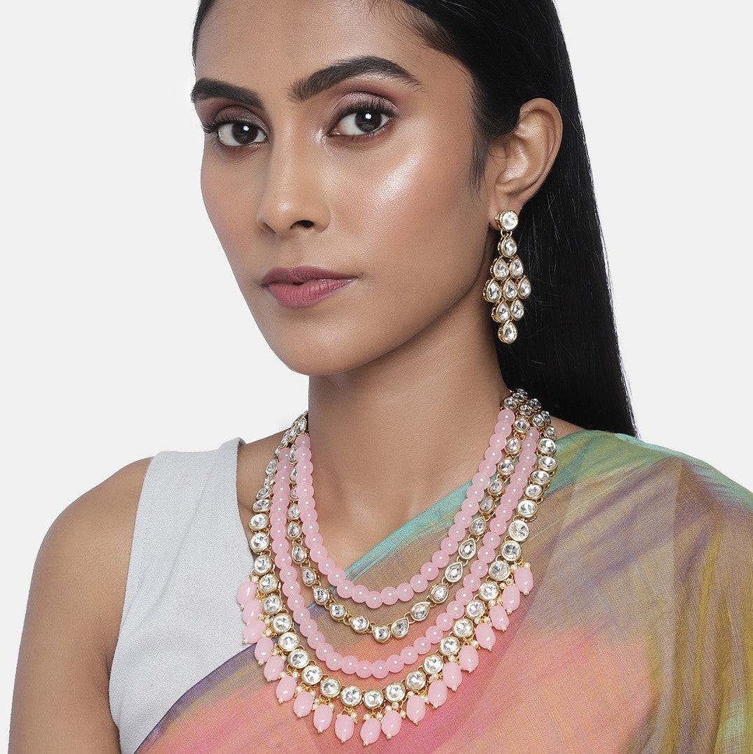 Laida White & Pink Gold-Plated Kundan Studded Handcrafted Embellished Jewellery Set