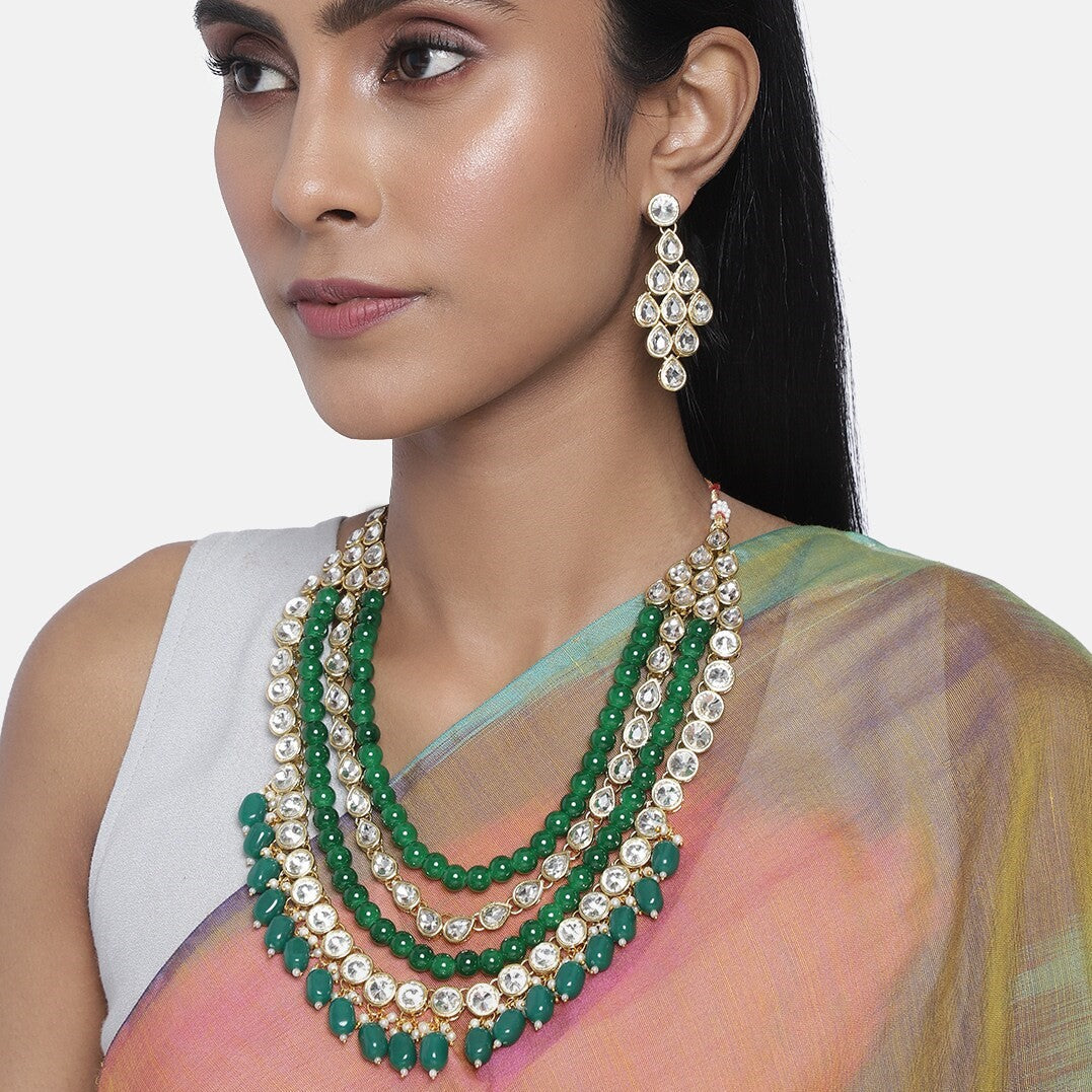 Laida White & Green Gold-Plated Kundan Studded Handcrafted Embellished Jewellery Set