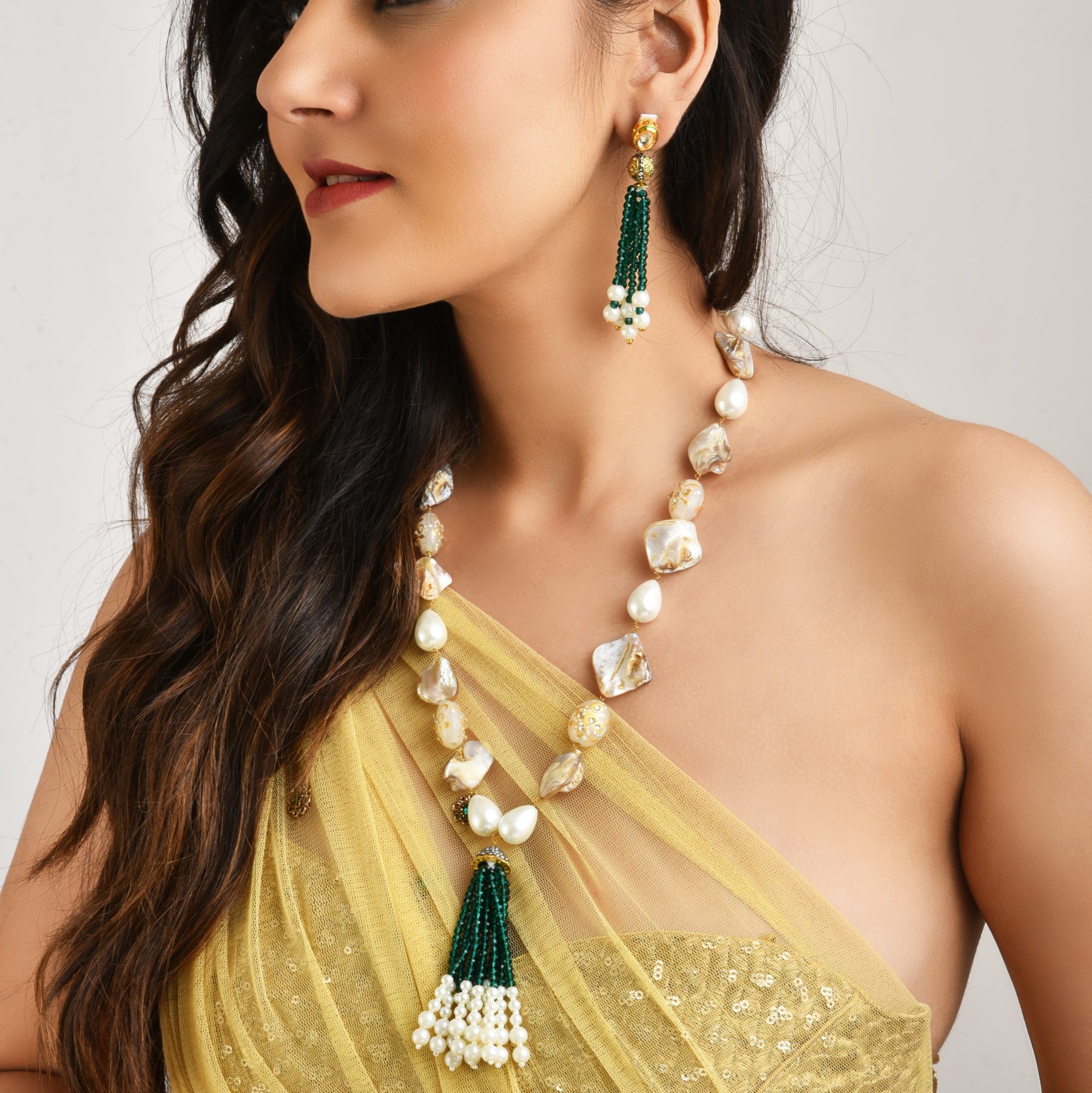 Double Layer Glass Pearl Necklace With Matching Earrings