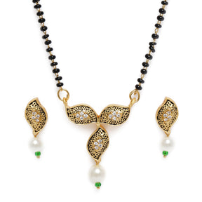 LAIDA Gold-Plated & Black Leaf Design Mangalsutra With Earrings