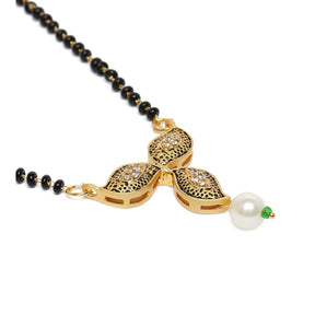 LAIDA Gold-Plated & Black Leaf Design Mangalsutra With Earrings