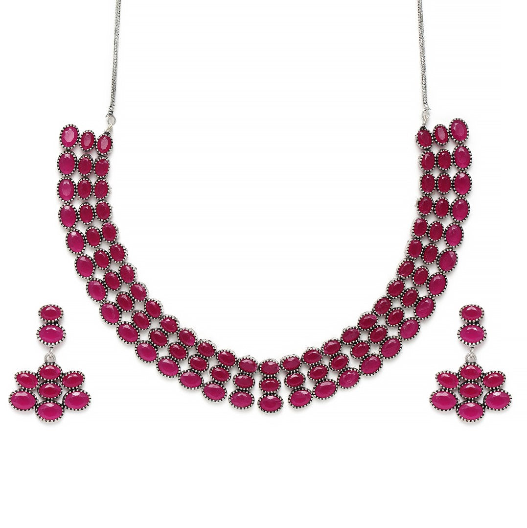 Laida Pink Silver-Plated Oxidized Handcrafted Layered Jewellery Set