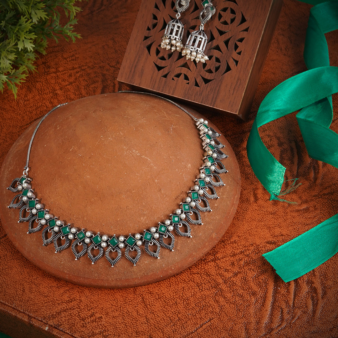 Laida Green Silver Plated Oxidized Handcrafted Jewellery Set