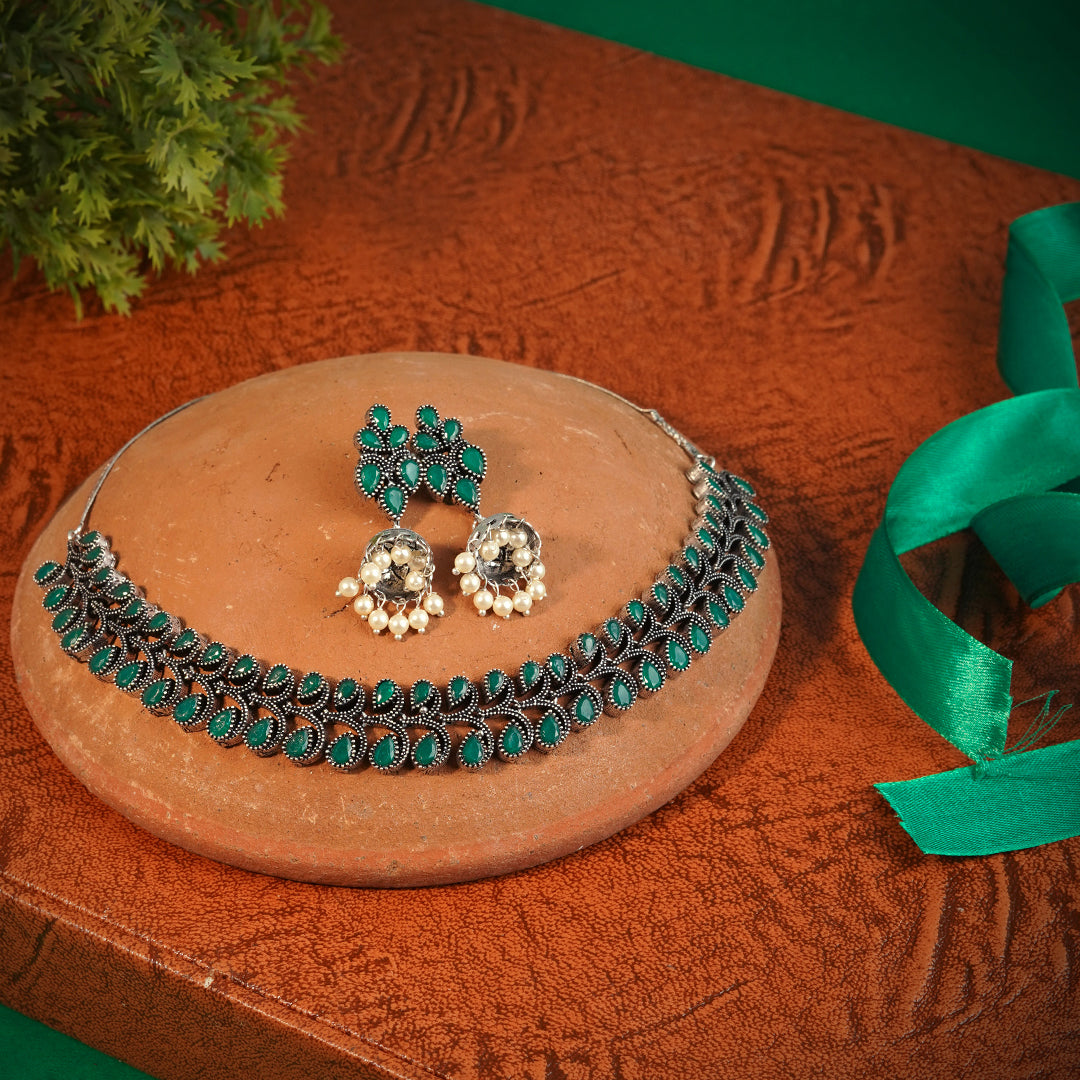 Laida Green Silver-Plated Oxidized Handcrafted Jewellery Set