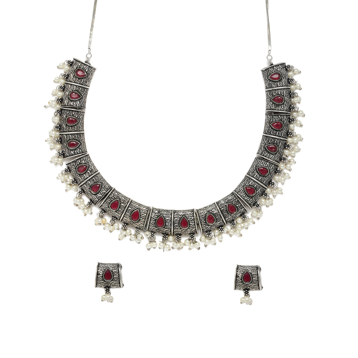 Laida Maroon Silver-Plated Oxidized Handcrafted Jewellery Set