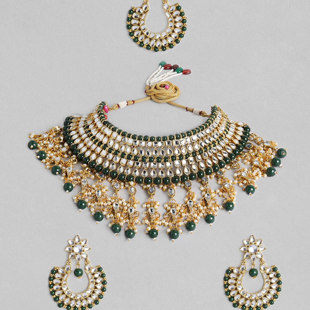 Laida Green & White Gold-Plated Kundan Handcrafted Embellished Jewellery Set