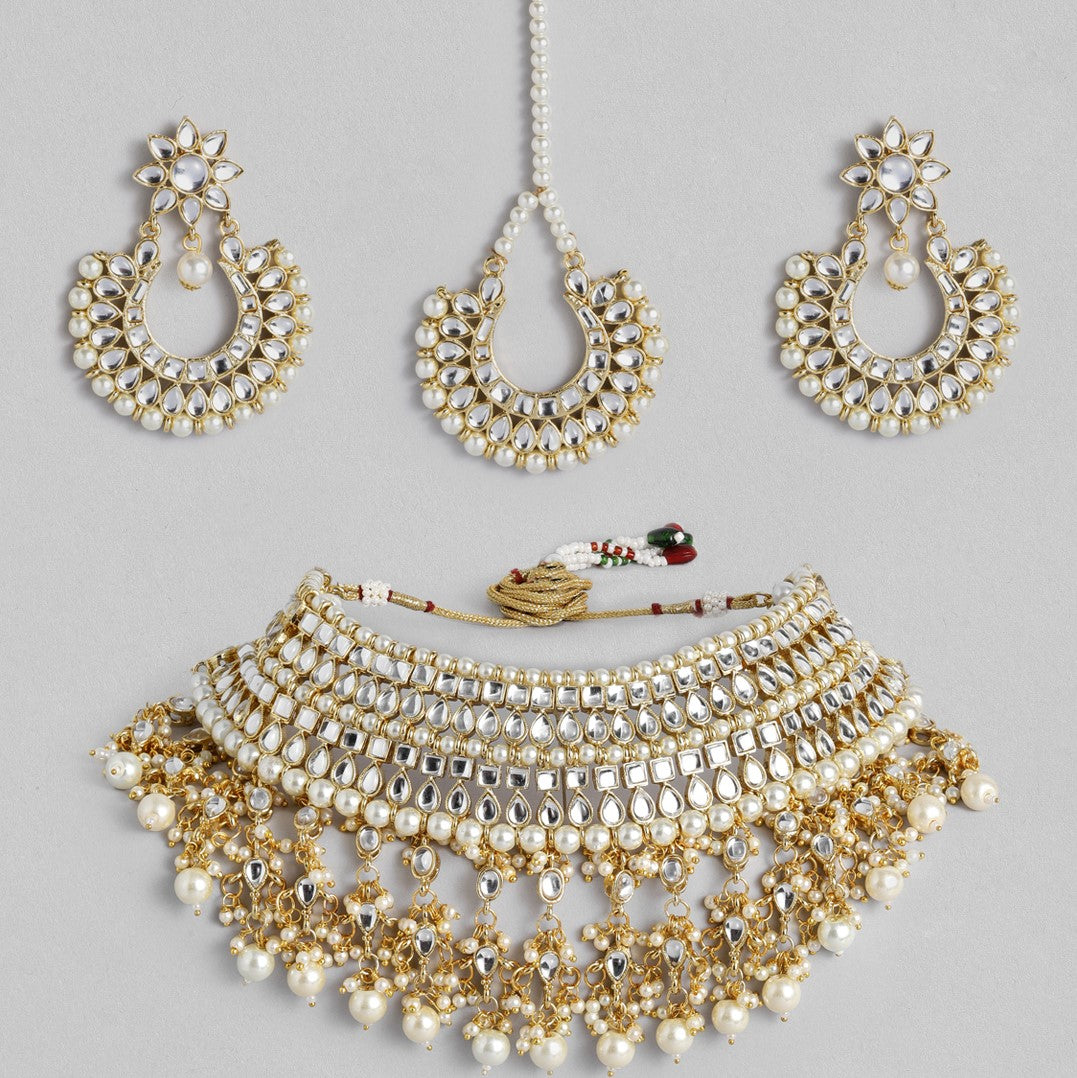 Laida Off-White Gold-Plated Kundan Handcrafted Embellished Jewellery Set