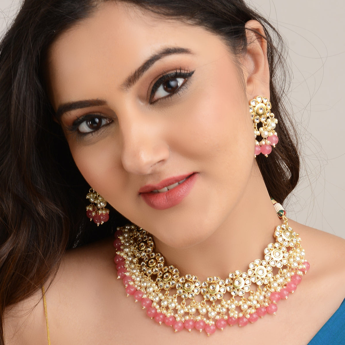 LAIDA Pink Kundan Floral Necklace with earring