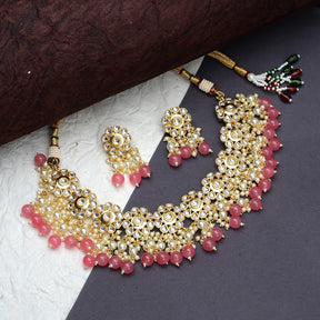 LAIDA Pink Kundan Floral Necklace with earring