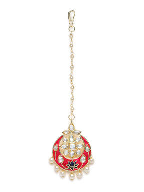 Laida Women Fuschia Pink & Gold-Plated Kundan-Studded Handcrafted Maangtikka