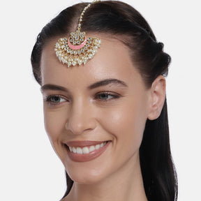 Laida Pink Gold Plated Hand Crafted Kundan Studded Maang Tikka