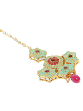 Laida Red & Green Gold-Plated Enamelled Handcrafted Maang Tikka