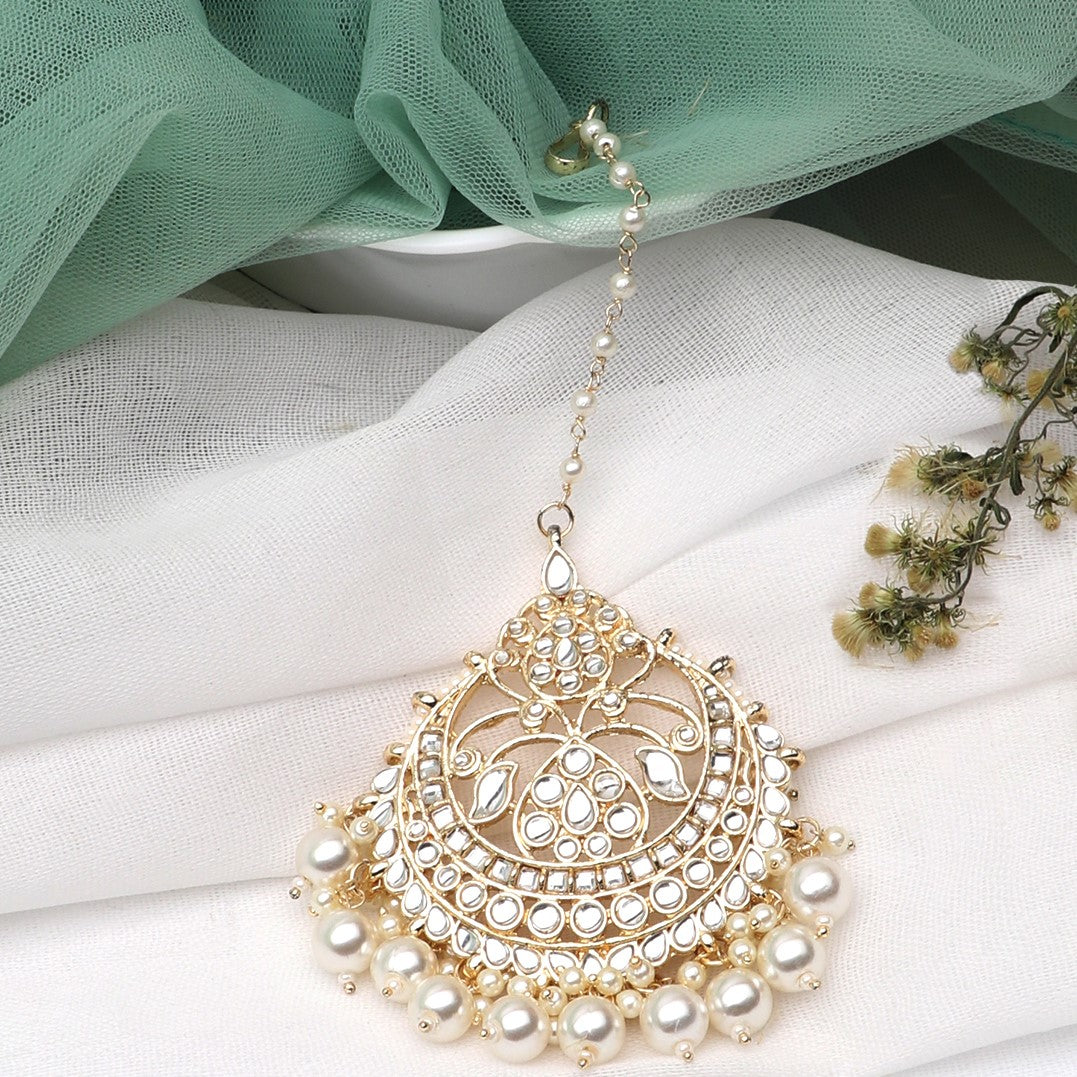 Laida Gold-Plated and White Kundan Chand Style & Pearl Beaded Maang Tikka