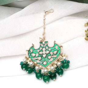 Laida Gold-Plated Green & White Enamel Pearl Beaded Maangtikka