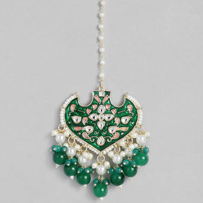 Laida Gold-Plated Green & White Enamel Pearl Beaded Maangtikka