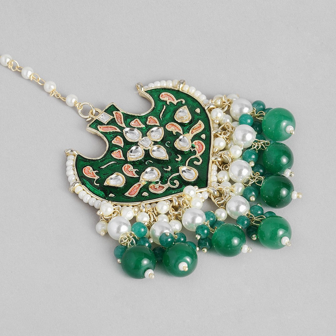 Laida Gold-Plated Green & White Enamel Pearl Beaded Maangtikka