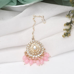 Laida Gold-Plated White & Pink Kundan & Pearl Beaded Maang Tikka