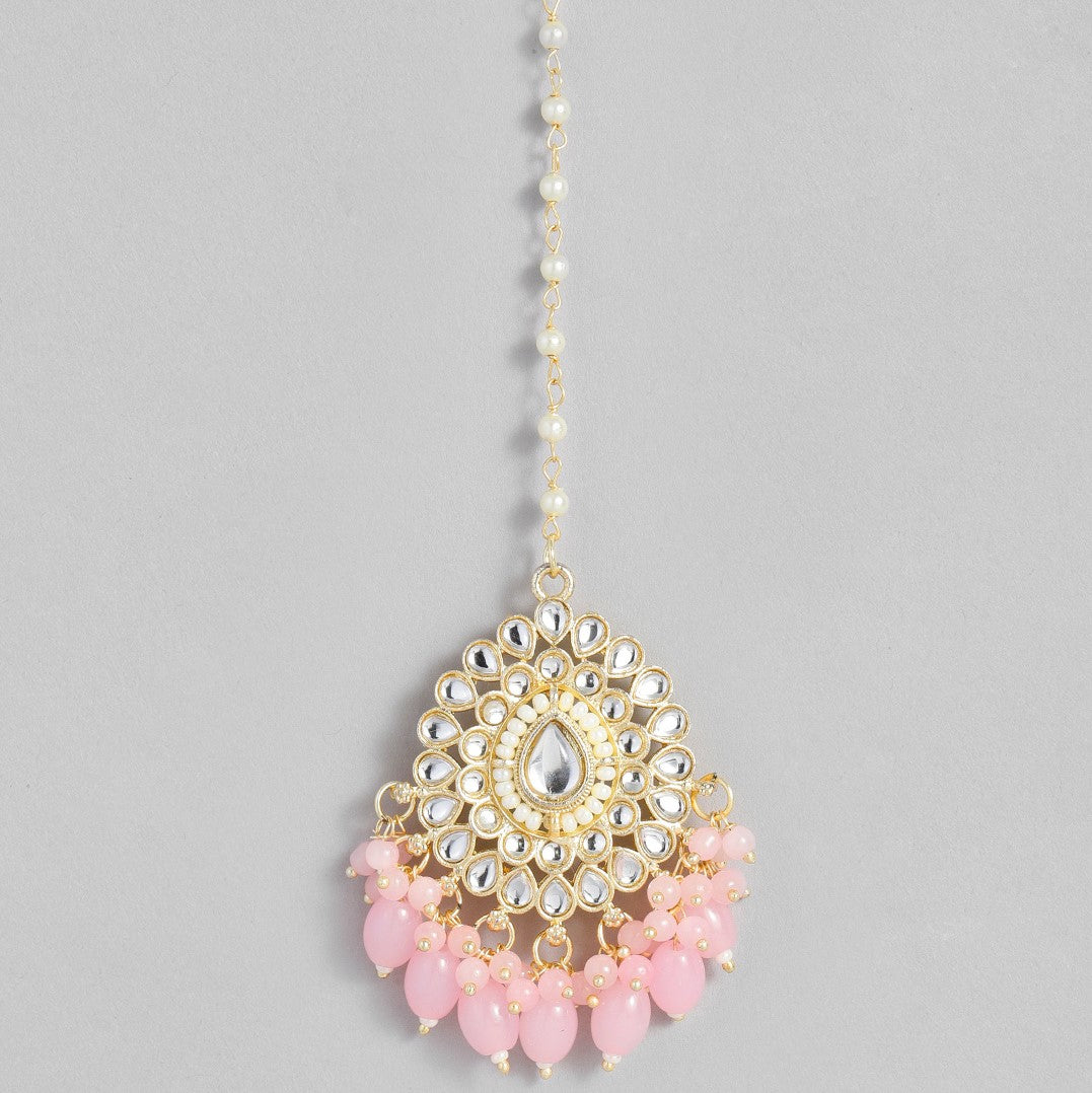 Laida Gold-Plated White & Pink Kundan & Pearl Beaded Maang Tikka