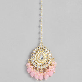 Laida Gold-Plated White & Pink Kundan & Pearl Beaded Maang Tikka