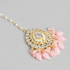 Laida Gold-Plated White & Pink Kundan & Pearl Beaded Maang Tikka