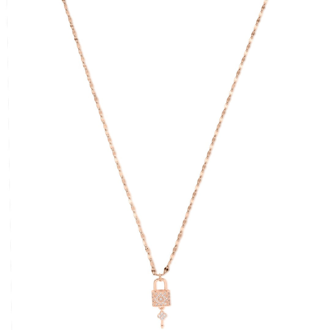 Laida Women Rose Gold-Plated & White AD-Stone Studded Lock & Key-Shaped Pendant With Chain