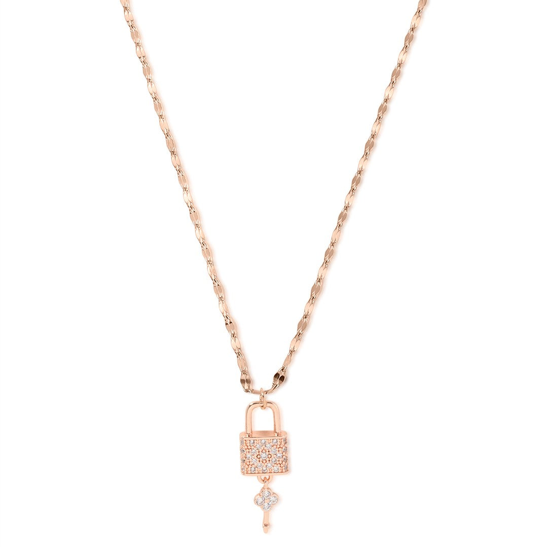 Laida Women Rose Gold-Plated & White AD-Stone Studded Lock & Key-Shaped Pendant With Chain