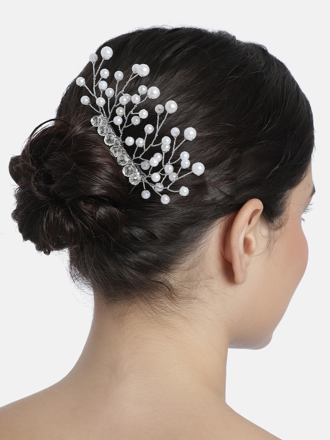 LAIDA Women Silver-Toned & White Embellished Statement Comb Pin