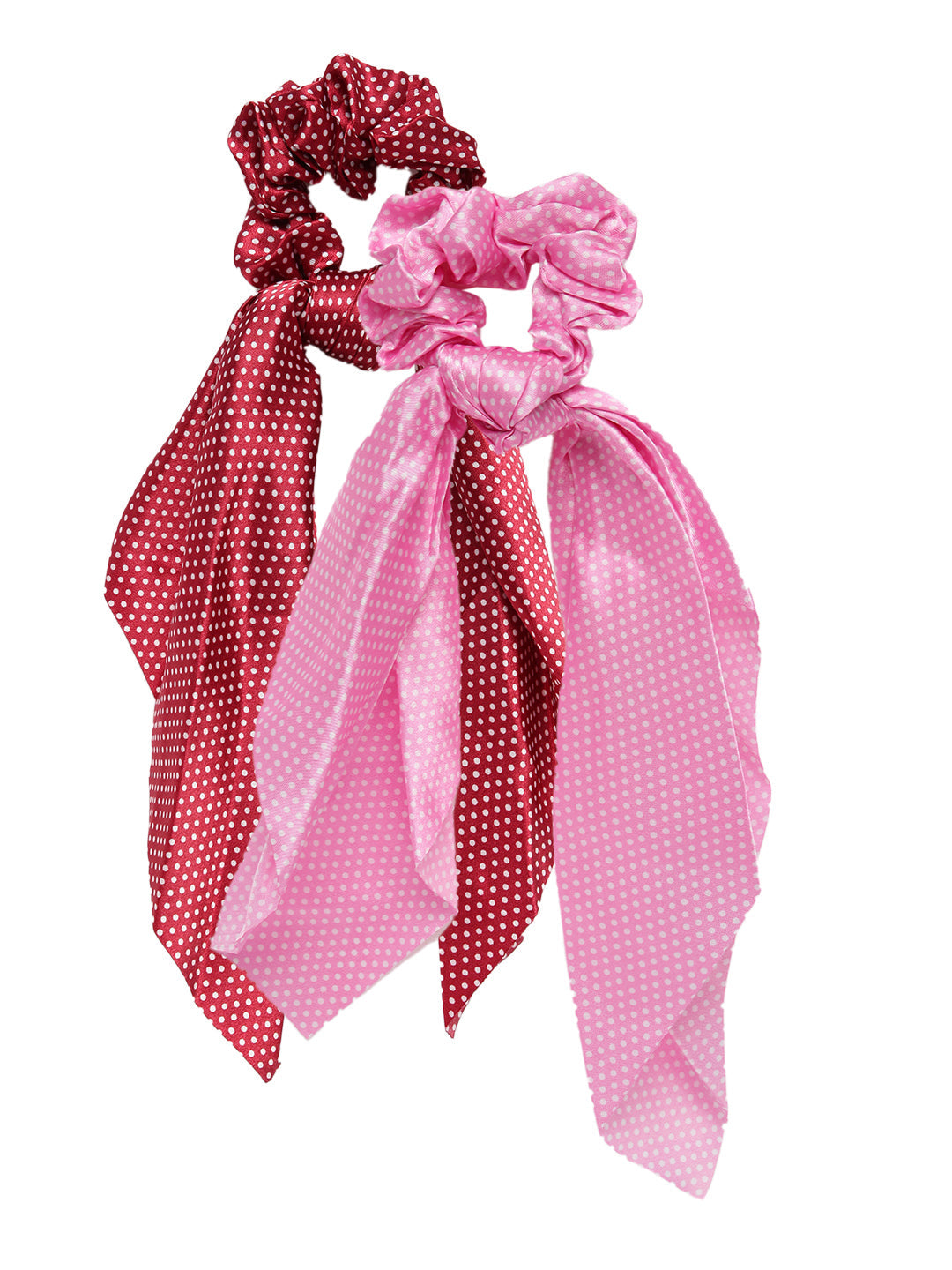 Laida Set of 2 Maroon & Pink Polka Dot Print Scarf-detail Scrunchies