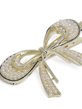 Women White & Gold-Toned Pearl Embellished Bow Alligator Hair Clip