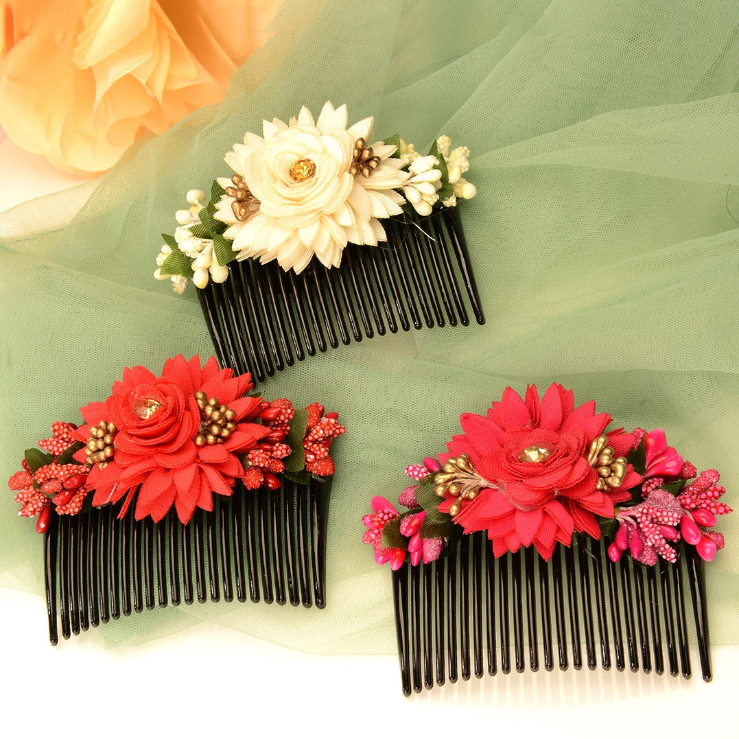 LAIDA Women Black & Red Set of 3 Beaded Comb Pin