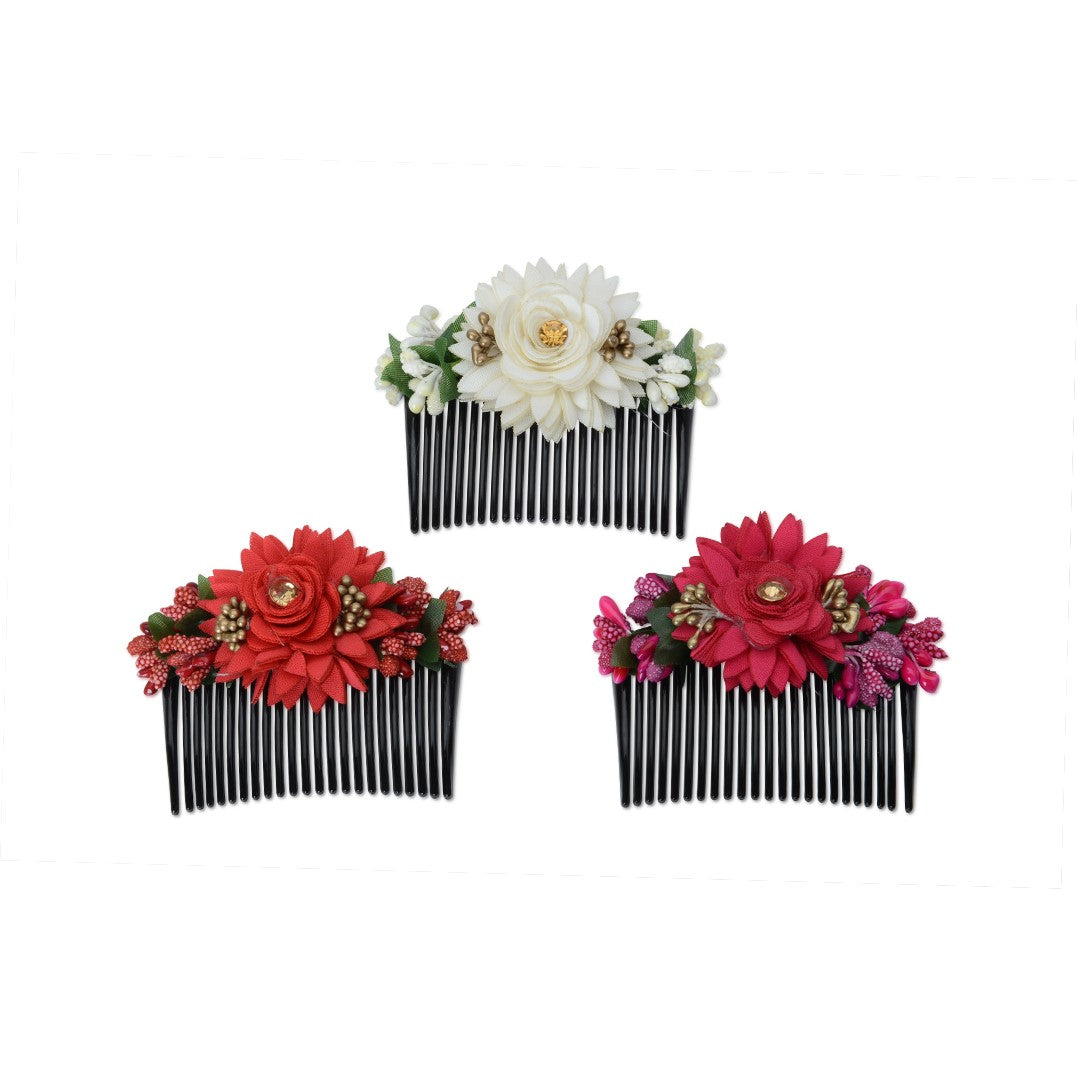 LAIDA Women Black & Red Set of 3 Beaded Comb Pin